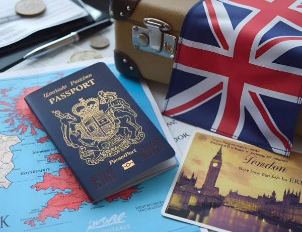 british-passport-with-visa-stamps-arranged-table-map-uk british-passport-with-visa-stamps-arranged-table-map-uk